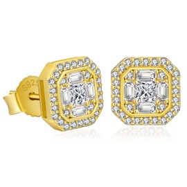KRKC&CO S925 Silver Earrings, Men's Iced Out Square Earrings, 14K Gold/White Gold-Plated Stud Earrings with White Zirconia Stones, Allergy-Free Earrings, Gift for Men, Women, Boys, Sterling Silver,