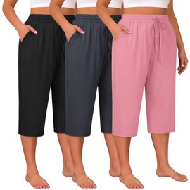 Huukeay 3 Pack Women's Plus Size Capris, Drawstring Cotton Yoga Capri Sweatpants Summer Casual Loose Cropped Pant with Pocket(Black, Dark Gray, Pink,5X-Large)