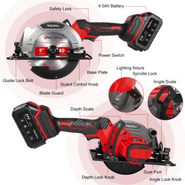 6" Cordless Mini Circular Saw, 21V Compact Wireless Circular Saw, 4.0Ah Battery, 5800RPM, Max Cut 2-1/6" (90°), 1-1/4" (45°),w/40T & 60T Blades,Fast Charger (1Hr),Applicable to Wood,Aluminum & Plastic