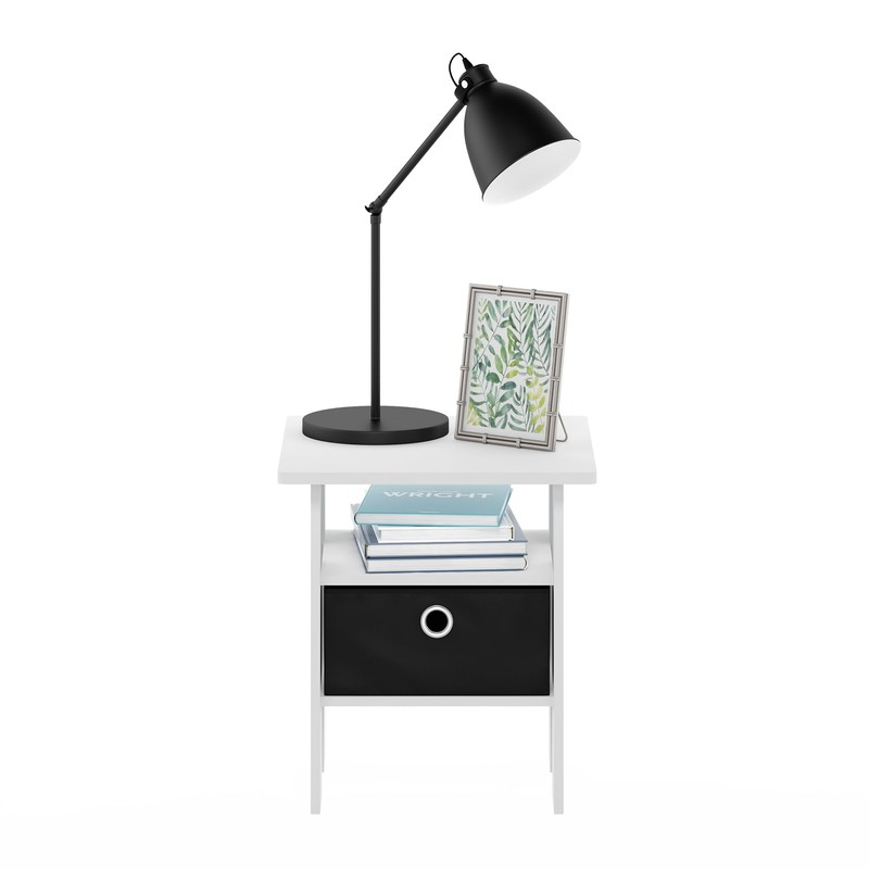Furinno Andrey End Table Nightstand with Bin Drawer, White/Black