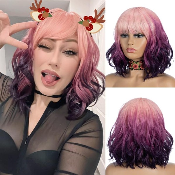 NOBLE Colourful Short Bob Wigs with Fringe for Women, 3 Tone Ombre Pink Root to Purple Colour, Short Wavy Bob Hair Wig, Shoulder Length, Synthetic, Heat Resistant Bob Wigs