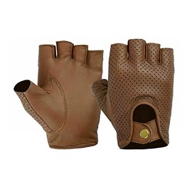 Swift Wear Mens Driving Leather Half Finger Fingerless Gloves Biker Cycling Wheelchair Motorcycle Gym Gloves (S, Tan)