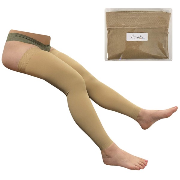 Presadee Thigh Sleeve 20-30mmHg Firm Compression Calf Leg Knee Swelling Stocking (Beige, 3X-Large)