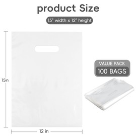 Clear Handle Bags 100 Pack - 12x15 Inch Medium Clear Shopping Bags, 1.75 Mil Thick Retail Plastic Merchandise Gift Bag with Die-Cut Handles for Small Business, Boutique, Store, Gift Packaging