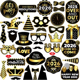 KatchOn, New Years Eve Photo Booth Props 2026 - Pack of 35 | Gold and Black New Years Photo Booth Props for Happy New Years Decorations 2026 | New Years Eve Party Supplies 2026 | NYE Decorations 2026
