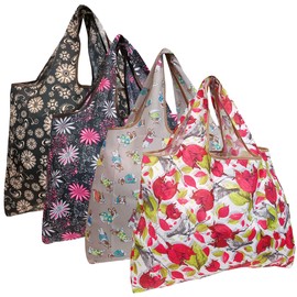 allydrew Large Foldable Tote Nylon Reusable Grocery Bags, 4 Pack, French Bulldogs and Flowers