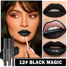 QIUFSSE 3 in 1 Black Lip Liner Pencil and Lipstick lipgloss Set Matte Black Lipstick Lip Gloss Kit Long-lasting Nonstick Cup Smudge Proof Lip Kits with Lip Liner,Velvet Goth Makeup (12#Black Magic)