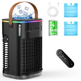 AIRTHRYL Portable Air Conditioners Fan, 3-IN-1 Evaporative Air Cooler w/5400mAh Battery for Wireless Use,Personal Mini Air Conditioner w/Remote, 1200 ML Water Tank, 7H Timer, 7 Color Lights for Room