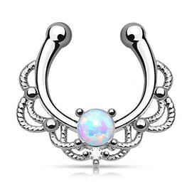 16GA Lacey Single Synthetic Opal Clip On Fake Non No Piercing Septum Hanger Ring, Metal, created-opal,