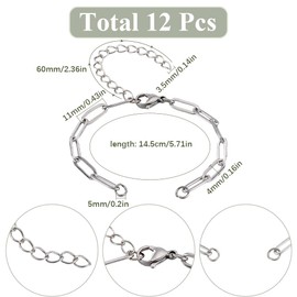 SUNNYCLUE 1 Box 12Pcs Adjustable Bracelet Chain Silver Open Bracelet Chains Stainless Steel Half Opening Bracelet Chains with Claw Clasp & Extension Chain for DIY Women Men Bracelets Jewelry Making