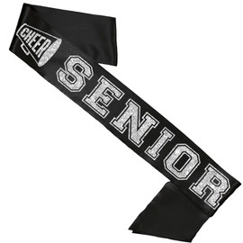 RhinestoneSash Senior Cheer Sash - Cheer Senior Silver on Black PREMIUM GRADE SATIN Sash - Senior Night Supplies and Gifts for Cheerleaders - Black Satin (SLV Cheer)