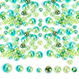 Green Rhinestones 7700 Pieces Half Pearls for Crafts Non-Hotfix Flatback Pearls Beads Resin Rhinestone Set with Wax Pencil for DIY Nail Face Art, Mixed Sizes 3/4/5/6mm