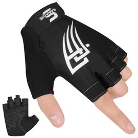 SAWANS Gewichtheber-Handschuhe für Damen und Herren, Fitness, Workout, Training, atmungsaktiv, rutschfest, mit Silikon gepolstert, Handflächenschutz, Halbfinger, Klimmzüge, Schwarz, L