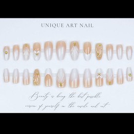 24 Pcs White Flower Press on Nails French Tip Fake Nails Medium Almond False Nails with 3D Floral Water Ripple Design Gradient Full Cover Handmade Stick on Nails for Women's Daily Nails Art