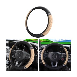 Leather Car Steering Wheel Cover, 15 Inch Colorful Rhinestones Elastic Auto Steering Wheel Protector, Bling Steering Wheel Cover for Women Men, Car Accessories for Cars, Vehicles, SUVs (Beige)