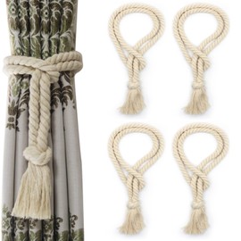 Yteseery 4 Pack Curtain Tiebacks Rope, Outdoor Curtain Tiebacks, Natural Cotton Curtain Ties, Village Rural Rustic Curtain Holdbacks, Farmhouse Nautical Curtain Tie Backs Holders for Drapes, Beige