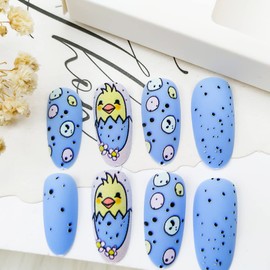 Cute Easter Press on Nails Medium Almond Fake Nails with Easter Hatching Chick Design Matte Blue Glue on Nails Easter Egger Chickens Stick on Nails Easter Basket Stuffers Fake Nails for Women Girls