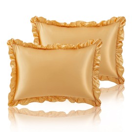 SiinvdaBZX Ruffled Queen Satin Pillowcase Set of 2, Gold Silky Satin Pillow Cases for Women Ruffle Pillow Shams Covers Princess Room Decoration, with Envelope Closure