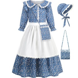 Aoiviss Girls Pioneer Costume Floral Colonial Prairie Dress for Little Kids with Apron and Bonnet, Blue