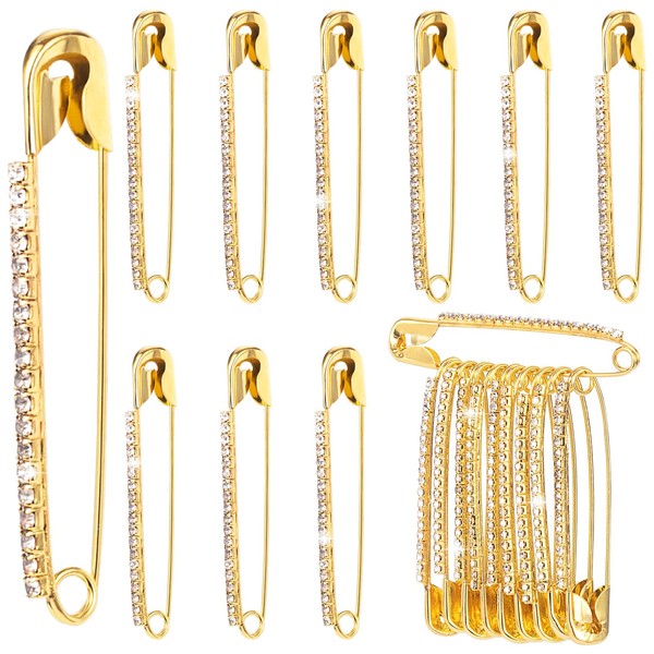 SmallCat 10pcs Rhinestone Safety Pins, Gold Plated Crystal Brooch Pins,