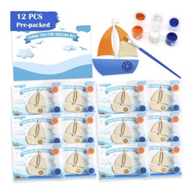 12-Pack Pre-Packaged Nautical Party Favors for Kids, Wooden Sailboat Cutouts with Magnets & Painting Kits, Ahoy Nautical Baby Shower Decorations for Boy & Thank You Gifts for Guests