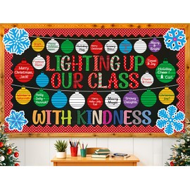 Christmas Bulletin Board Decorations Set DIY Christmas Light Bulbs Snowflake Cutouts Lighting Up Our Class with Kindness Classroom Bulletin Border Stickers for Winter Xmas Classroom Wall Door Decor