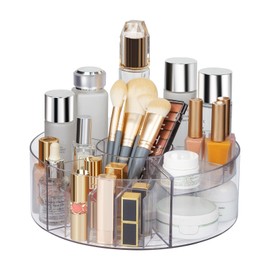 360° Rotating Makeup Organizer, 10" Clear Turntable Lazy Susan Organizer for Vanity, Bathroom Counter, Cabinet, Spinning Cosmetic Storage Holder with 6 Dividers for Skincare, Makeup Brushes, Lipsticks
