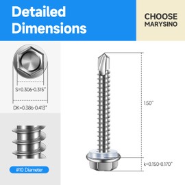 Self Tapping Screws for Metal, 50Pcs #10 x 1-1/2" Sheet Metal Screws, 410 Stainless Steel Hex Head Self Drilling Screws for Metal Plastic Wood, High-Strength Quick Self-Tapping Screws by Marysino