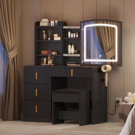 DWVO Makeup Vanity Desk with LED Lighted Mirror & Power Outlet, Fluted Large Vanity Set with 4 Drawers, 3 Color Brightness Adjustable, Lots Storage Dressing Table with Chair for Bedroom, Black