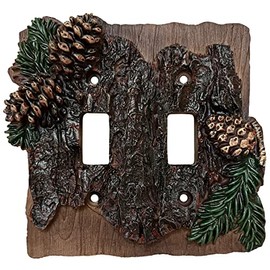 Top Brass Rustic Pinecone and Bark Electrical Cabin, Lodge Style Wall Cover Plate Pine Cone - Single Switch, Double, Rocker, Outlet (Double Switch)
