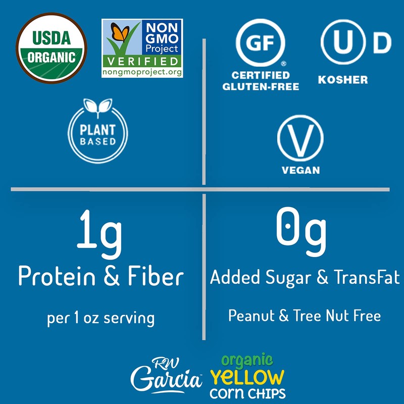 RW Garcia Organic Yellow Corn Chips, Gluten Free, 8.25oz bags,