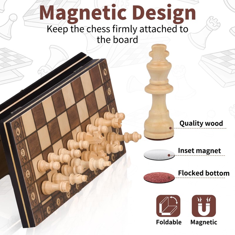 Wooden Chess Game, 3-in-1 Magnetic Chess Game, Chess Board Set,