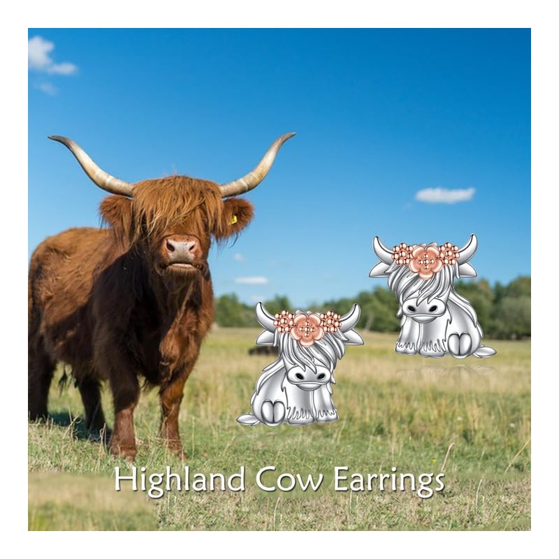 VONALA Highland Cow Earrings 925 Sterling Silver Cute Animal Studs