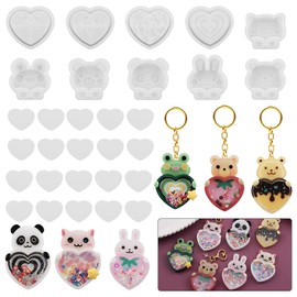 Voyyphixa 10 Pcs Heart Resin Shaker Molds with Animal Epoxy Resin Molds Set Silicone Quicksand Moulds with 20 Pcs Seal Film Silicone Casting Molds for Resin Jewelry Pendant, DIY Art Craft