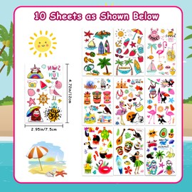 LOMIMOS 138pcs Hawaiian Luau Themed Temporary Tattoo,Tropical Summer Beach Pool Party Sticker for Kid Adult (10 Sheets)