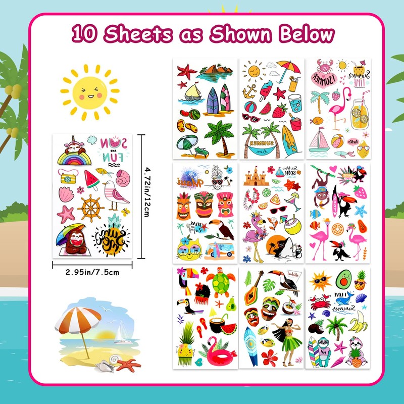 LOMIMOS 138pcs Hawaiian Luau Themed Temporary Tattoo,Tropical Summer Beach Pool