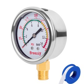 Breezliy Water Test Pressure Gauge,2.5" Dial,0-200PSI/0-1.4MPA,Glycerin Liquid Filled Pressure Gauge,1/4" NPTthread,Lower Mount, for Water Oil Air Pressure Test（Stainless Steel/Color）