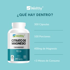 Wellthy Citrato de Magnesio Premium 300 Cápsulas 400mg. 100% Natural, Cápsulas Veganas, 100 Días de Consumo.