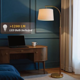 65” Walnut Gold Arc Floor Lamp for Living Room, 1200 Lumens 3-Level Brightness Mid Century Modern Floor Lamp for Bedroom, Wood Vintage Gold Standing Lamp, Adjustable Lampshade, LED Bulb Included