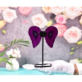 AMOYSTONE Purple Agate Butterfly Decor | 6.5 Inch Handmade Mineral Art on Iron Stand for Meditation & Office Desk