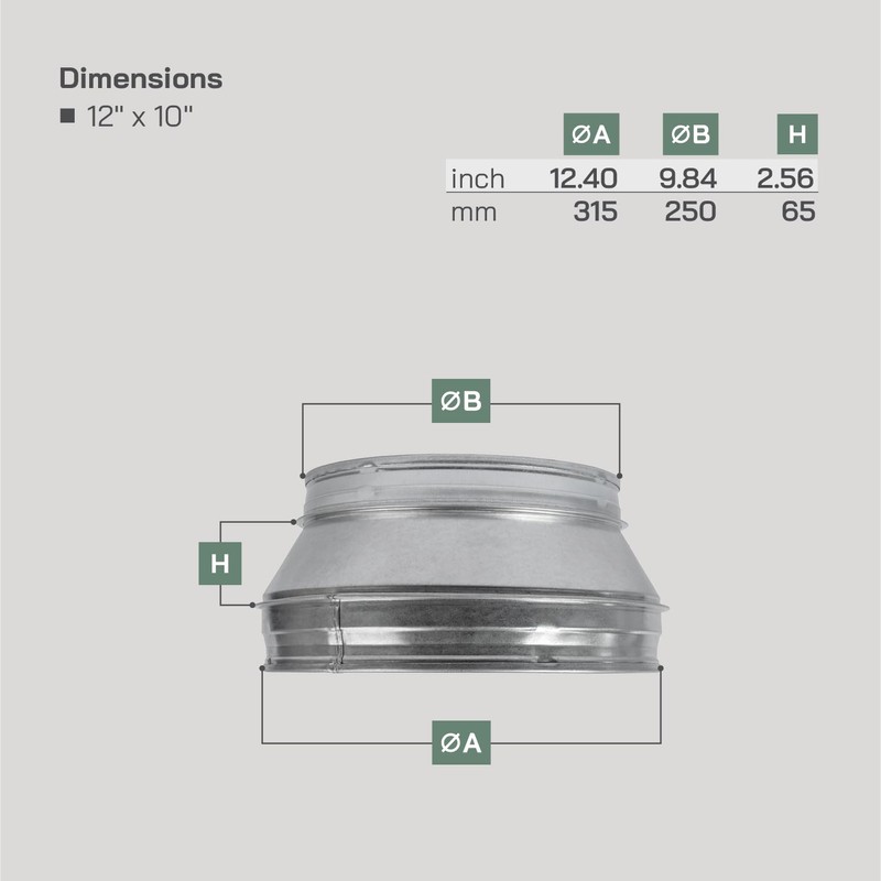 Vent Systems 12" Inch to 10" Inch Duct Reducer Adapter