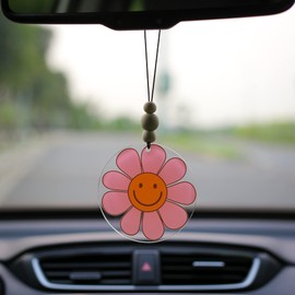 Talataca Pink Daisy 2D Flat Car Ornament & Wood Beads, Happy Smiley Face Beaded Rear View Mirror Accessories, Rearview Hanging Charm, Christmas Tree Decor