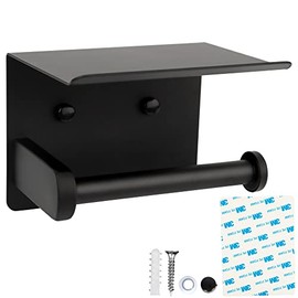 Self Adhesive Toilet Paper Holder with Phone Shelf LVYOUIF Stainless Steel Matte Black Wall Mounted Toilet Paper Roll Holder Adhesive Or Drilling Tissue Roll Holder with Shelf