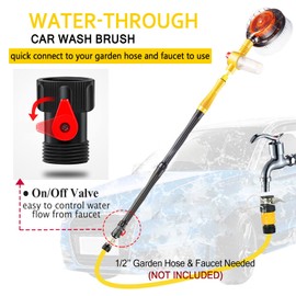 Practisol Car Wash Brush with Hose Attachment, 360 Spin Car Wash Brush with Soap Dispenser, Soft Bristle Car Cleaning Brush Mop Scrub Brush, Flow Through Car Washing Brush Kit Long Handle (Yellow)