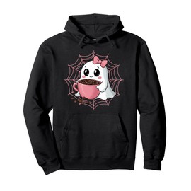 Cute Ghost with Pumpkin, Bow and Coffee Spider Web Pullover Hoodie