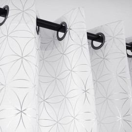 Taisier Home - Paneles de cortina de lino plateado con ojales metálicos geo marroquíes con estampado de azulejos blancos semitransparentes para recámara, sala de estar, tratamientos de ventana de