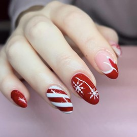Xmas Snowflake Press on Nails Medium Almond Fake Nails with Santa Hat Designs Red White Stripe Acrylic Nails Bow Stick on Nails Full Cover Christmas False Nails for Women Girls Manicure Art 24Pcs