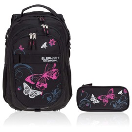 School Backpack Girls 2 T Set Hero Butterfly Backpack School Bag Pencil Case Box 12679 rmb, Butterfly Black Pink, Casual