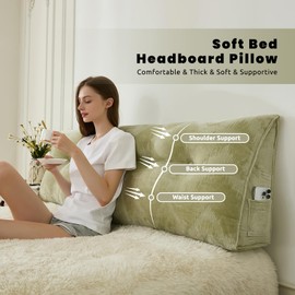 Zelladorra Headboard Pillow for Bed,Triangular Wedge Pillow Headboard Soft Support While Reading and Resting,Bed Bolster Cushion Headboard with Removable Cover,Sage Green,Queen (59"x8"x20")