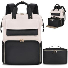 BERTASCHE Lunch Backpack for Women, 15.6 Inch Laptop Backpack with Insulated Cooler Lunch box, Work Backpack for Teacher Nurse Travel College Picnic, Black-Beige